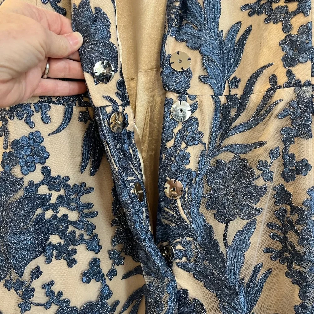 Jovani Beige and Navy Floral Long Dress - Picture 2 of 8